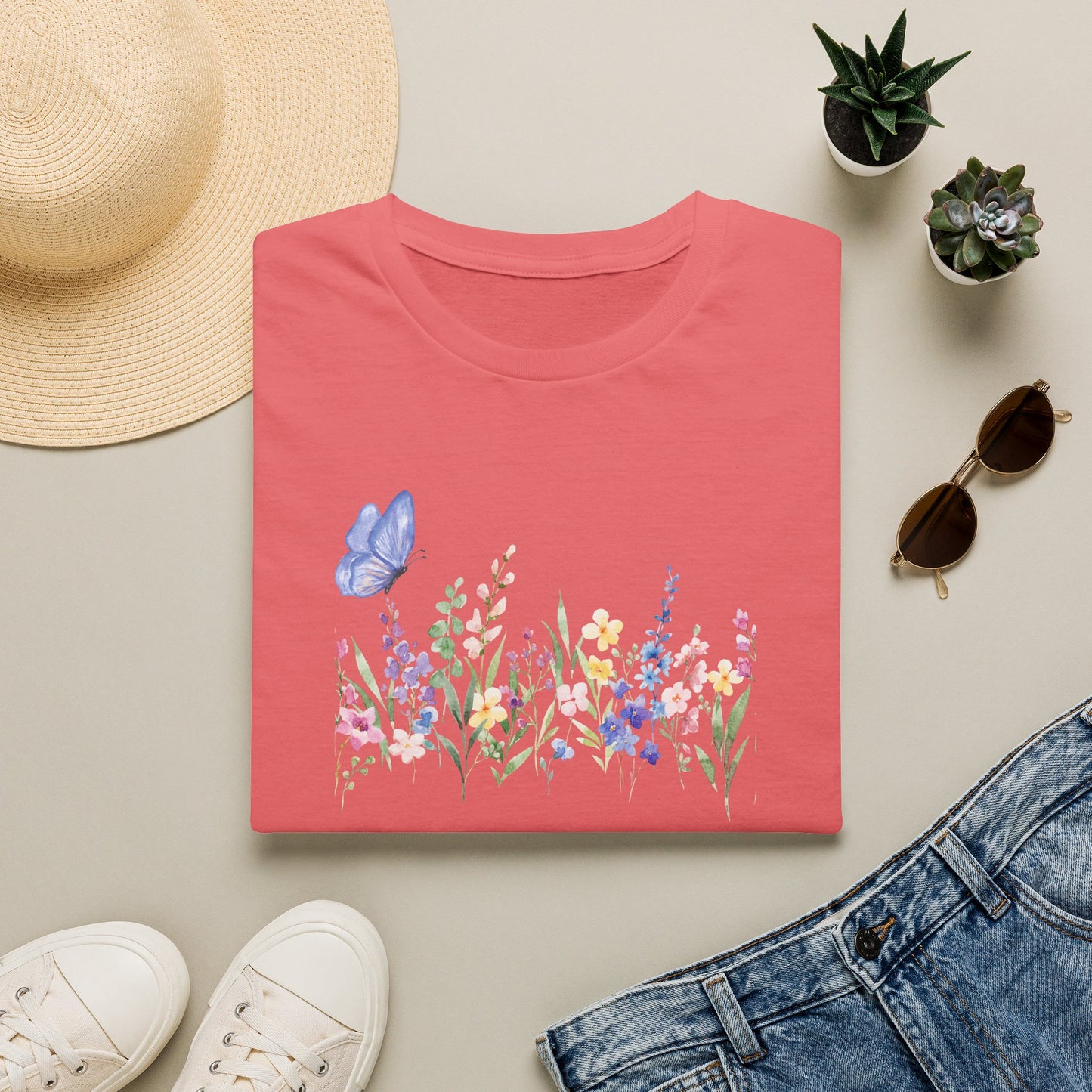 Floral Meadow Tee — Watercolor Wildflowers & Blue Butterfly T-Shirt