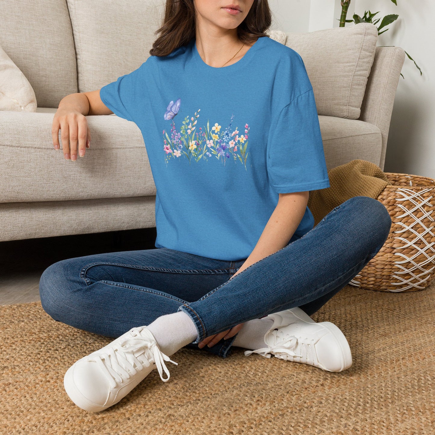 Floral Meadow Tee — Watercolor Wildflowers & Blue Butterfly T-Shirt