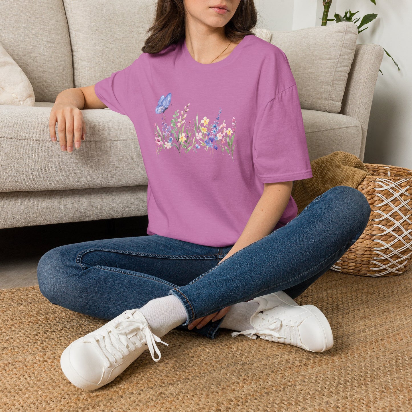Floral Meadow Tee — Watercolor Wildflowers & Blue Butterfly T-Shirt