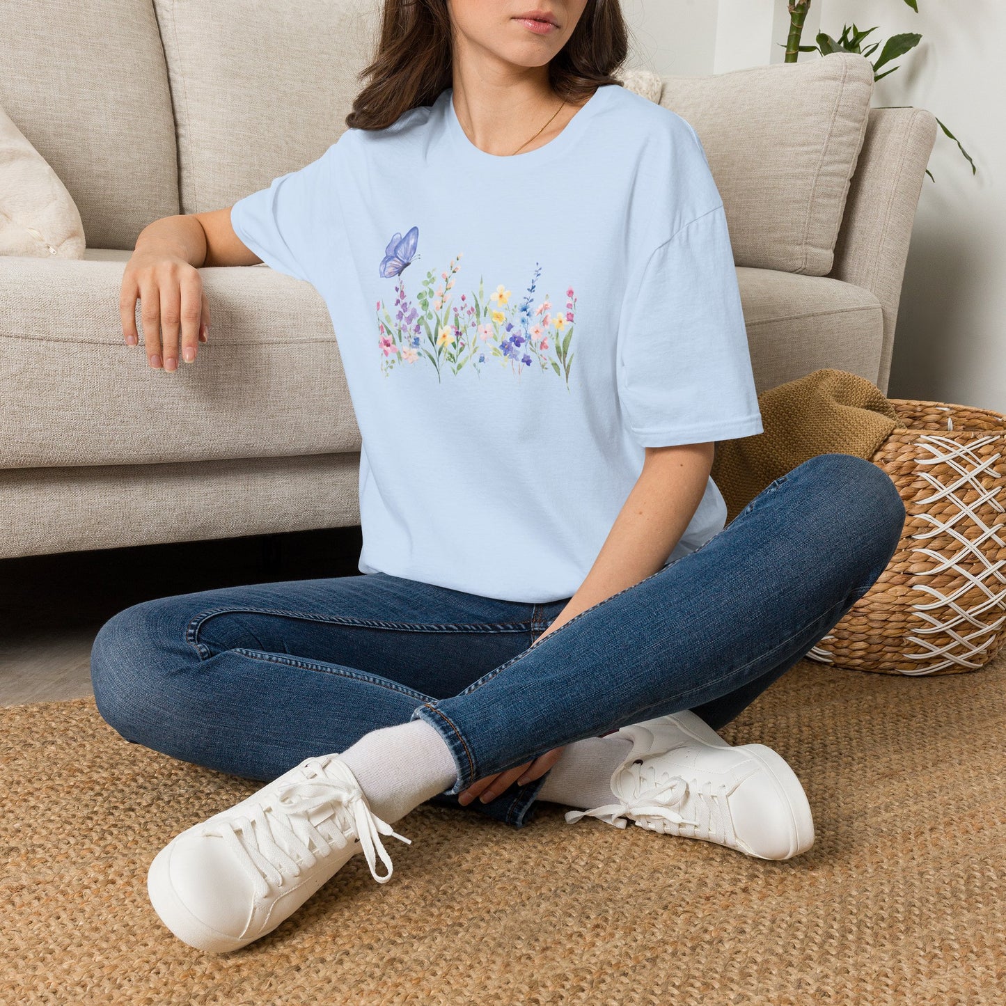 Floral Meadow Tee — Watercolor Wildflowers & Blue Butterfly T-Shirt