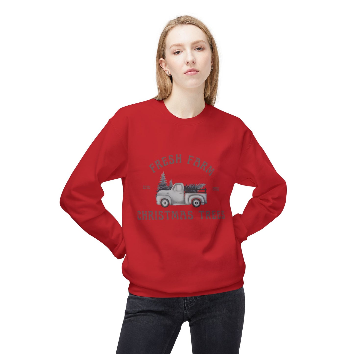 Christmas Trees Farmhouse Crewneck Sweatshirt, Holiday Sweatshirt, Cozy Winter Wear, Farmhouse Decor, Gift for Him/Her