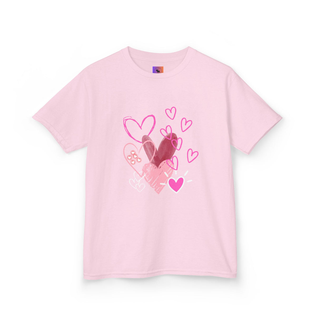 Kids Heart Art Tee — Pink Watercolor Hearts Valentine Shirt for Girls
