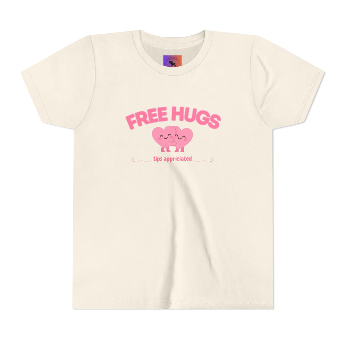 Youth Tee — "Free Hugs" Pink Heart Kids T‑Shirt (Cute Valentine / Playdate Gift)