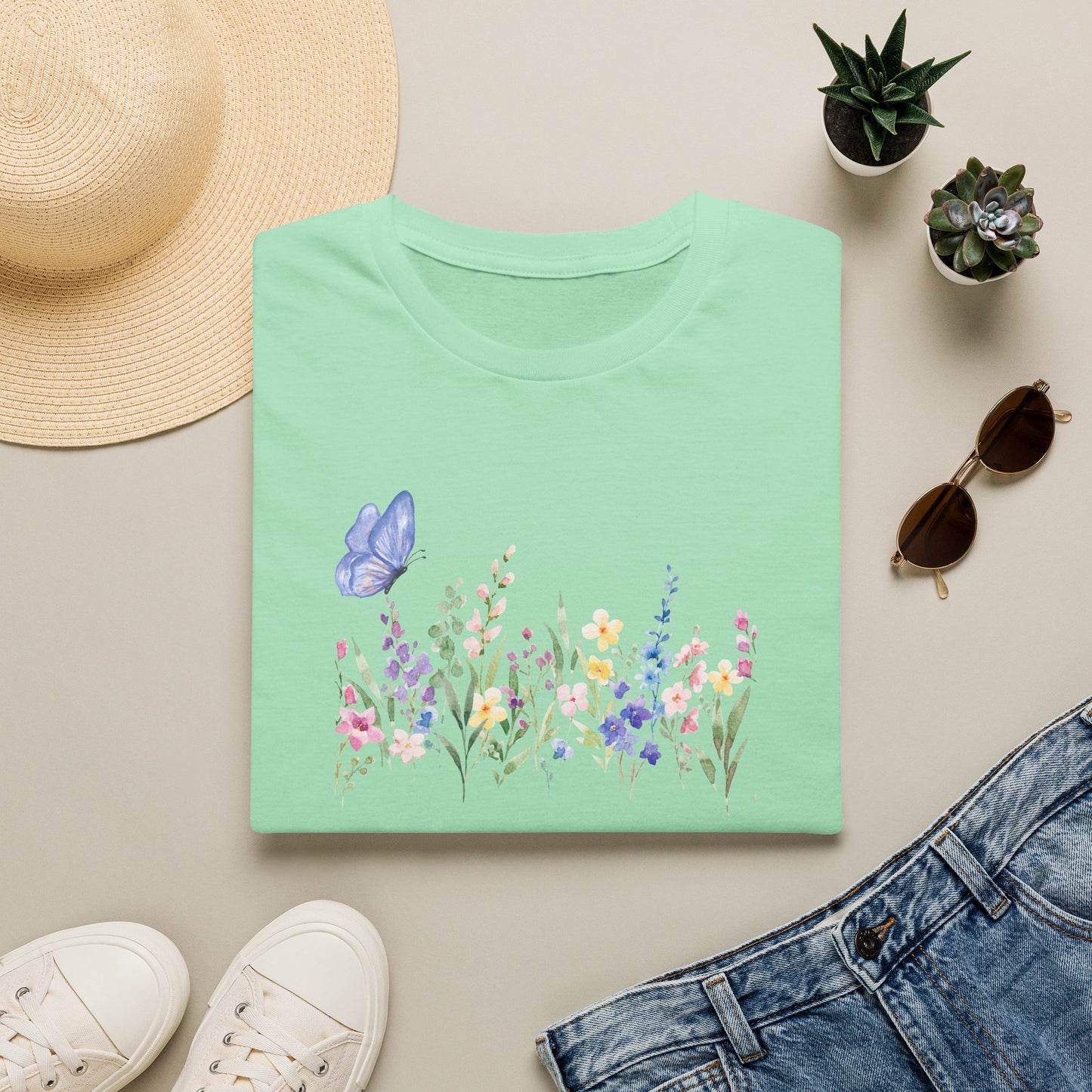 Floral Meadow Tee — Watercolor Wildflowers & Blue Butterfly T-Shirt