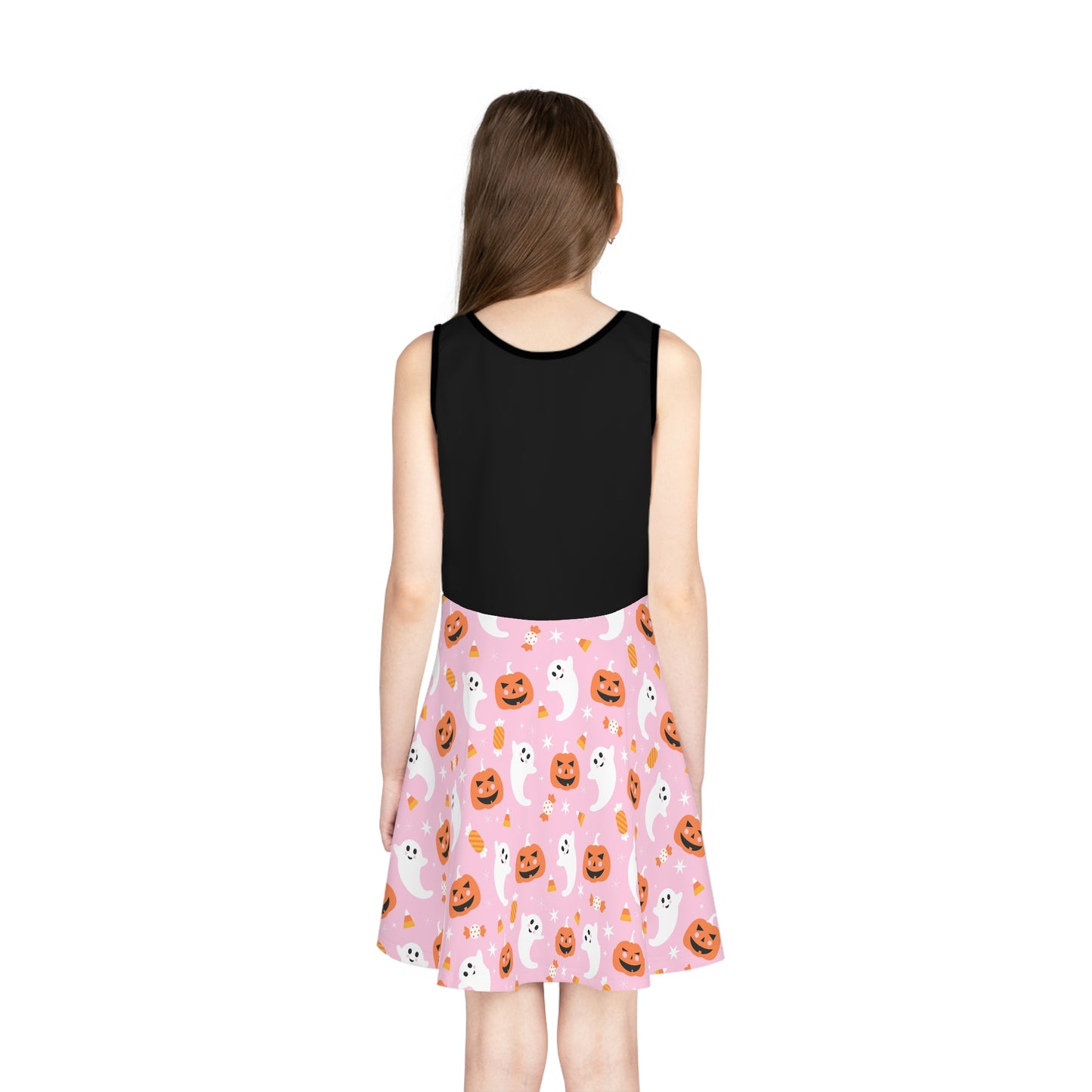 Girls'  PINK Halloween Sundress, Spooky Dress for Kids, Ghost and Pumpkin Print, Fun Fall Fashion, Trick or Treat Outfit, Seasonal Party Wear